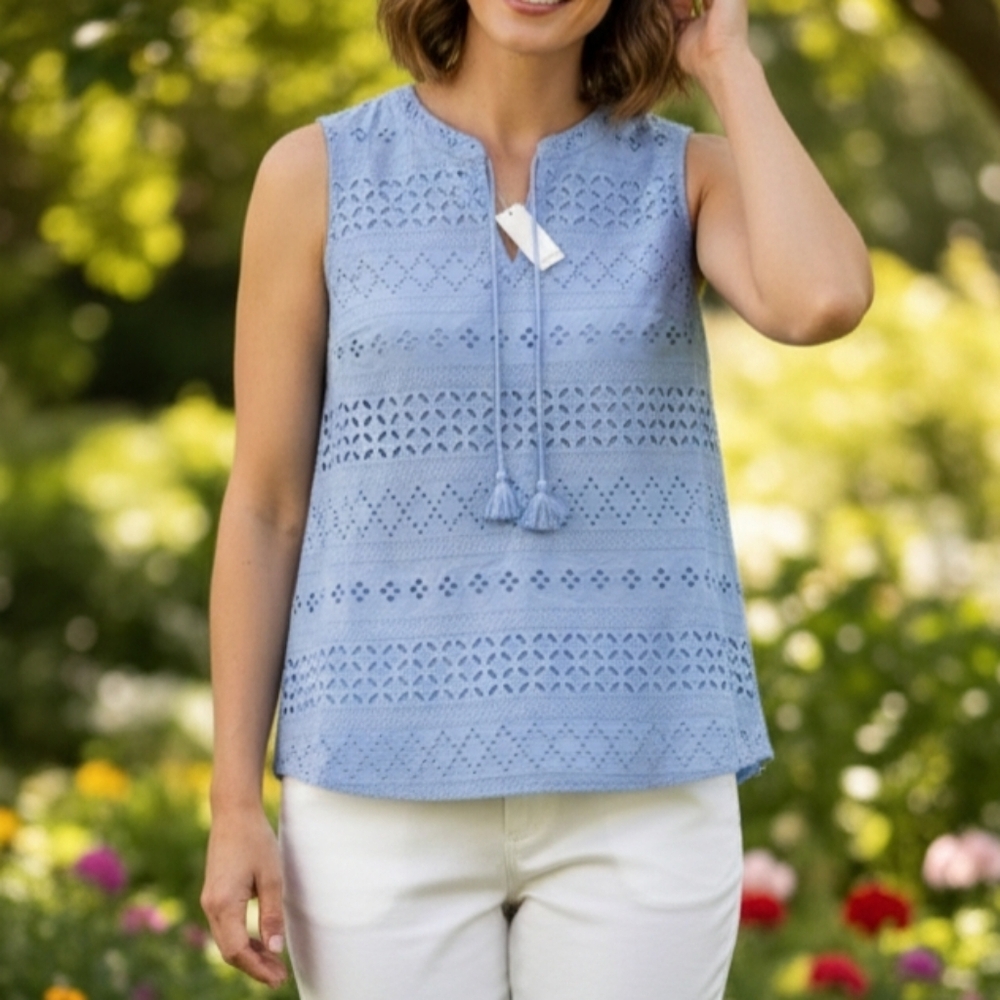 Talbots women's Top Blouse Sleeveless Size S Small Tie Neck Eyelet Shell 01